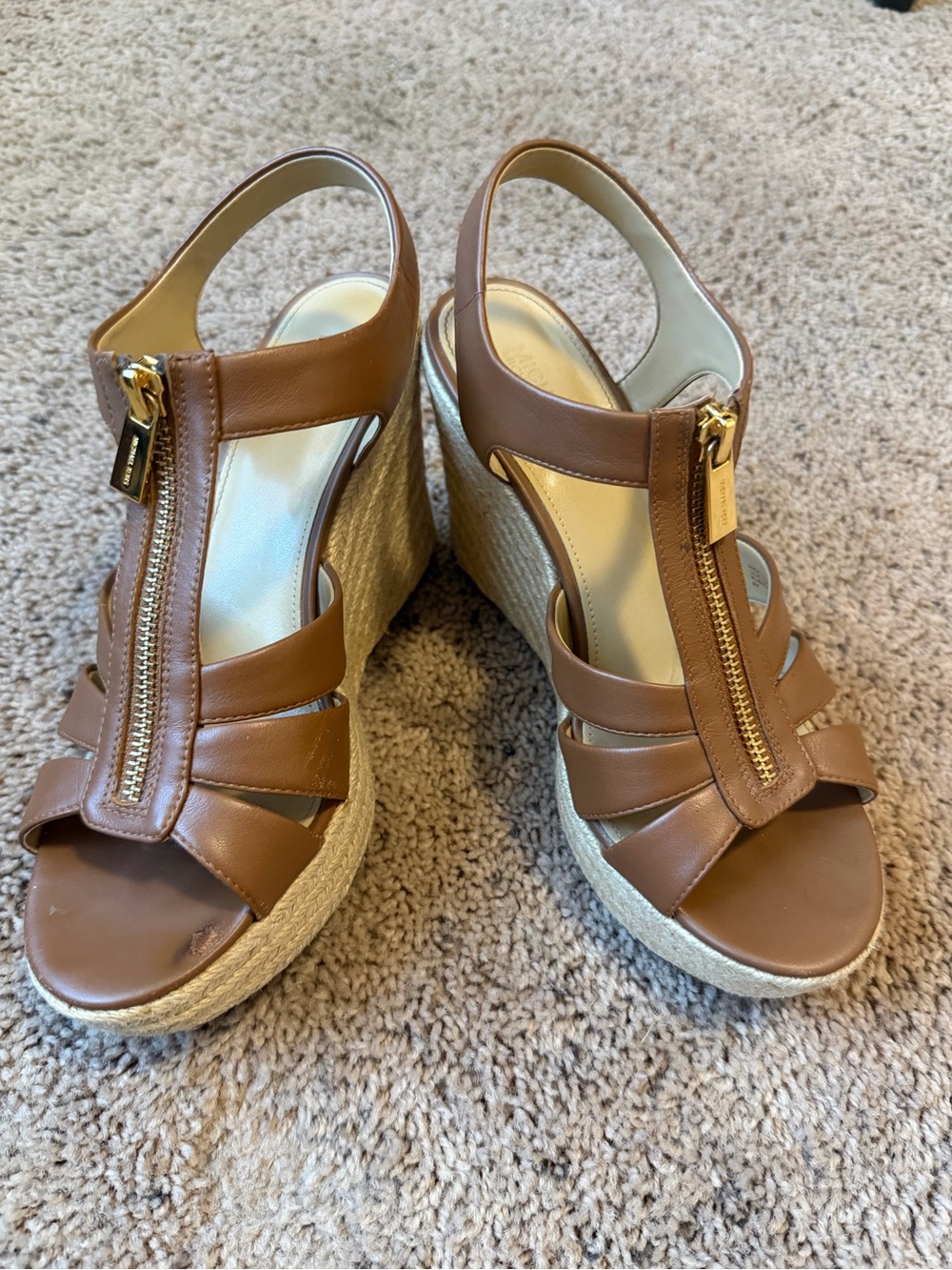 Michael Kors Brown Leather Wedge Sandals with Front Zipper - Size: 8